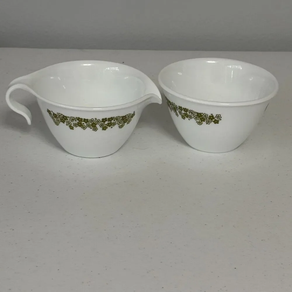 Vintage Corelle Spring Blossom Green Crazy Daisy Creamer Sugar Bowl Set